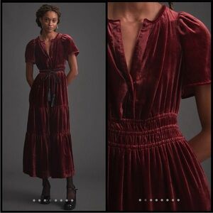 Anthropologie The Somerset Maxi Dress Burgundy Velvet Edition Tiered Sz L